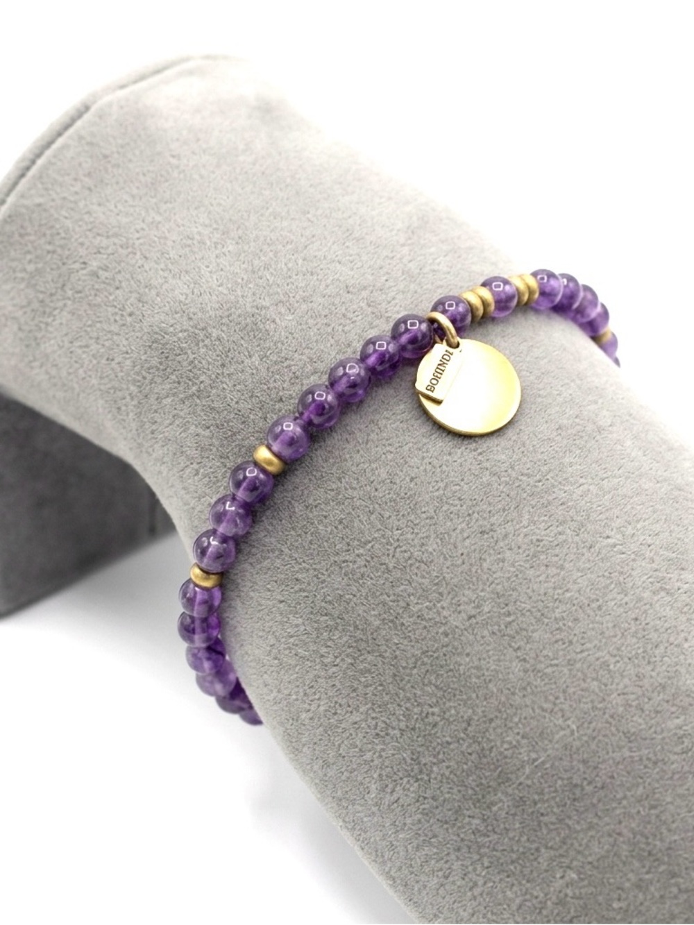 Bohindi Vintage Natural Amethyst Gold Beaded Round Charm Stretchy Bracelet